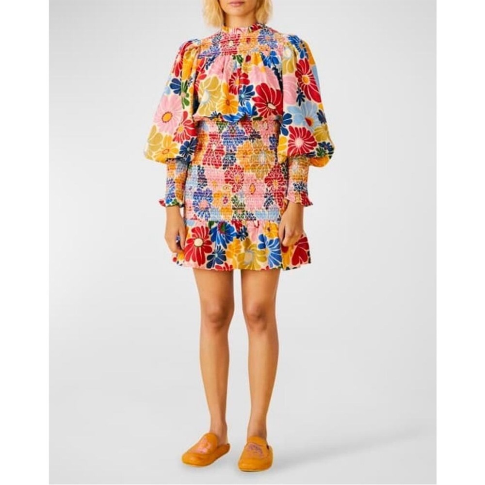 NWT Farm Rio Sunny Daisies‎ Sand Mini Dress Floral Smocked Neck Long Sleeve M